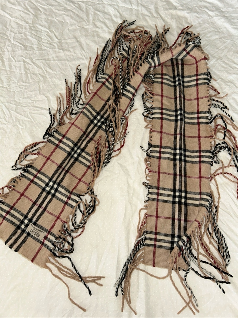 Burberry Cashmere Nova Check Scarf Classic Beige Plaid Fringe